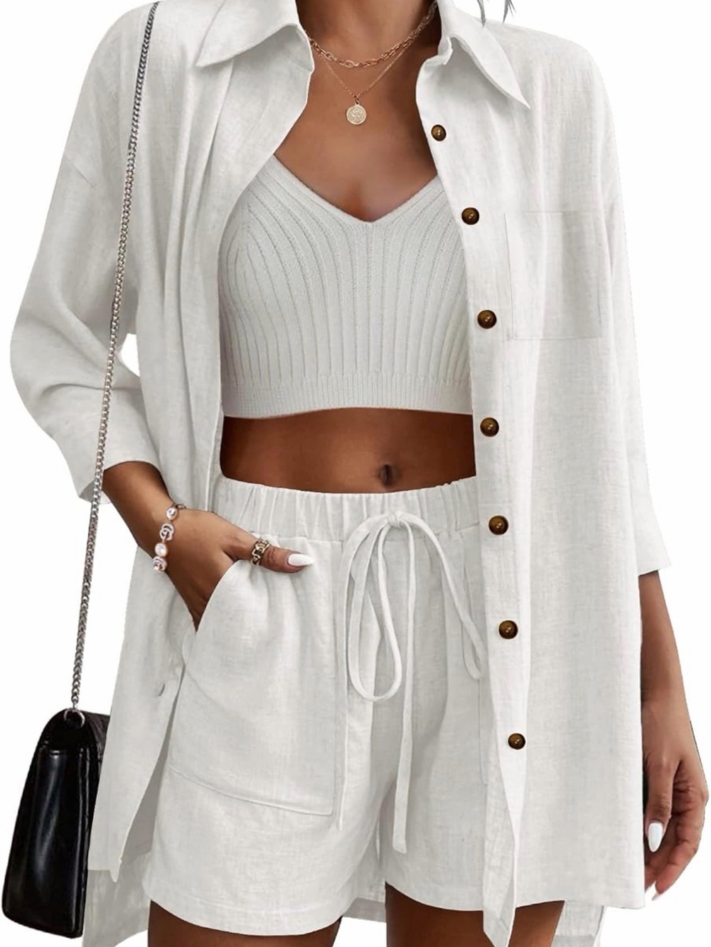 White Linen Button-Up Shirt & Shorts Set